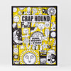 A black, white, and yellow illustrated print or booklet cover with a grid of suns, moons, stars, and faces, featuring the text "CRAP HOUND" and "SUNS, MOONS & STARS" and the date "2021".