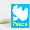 A folded greeting card with a bright blue cover featuring a stylized white dove and the word "Peace" in yellow text.
