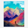A colorful art print shows a small hiker with a walking stick standing on a ridge in front of layered mountains and a bright blue sky.