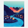 A colorful illustrated print of a winding blue river through dark mountains and a small village of houses.