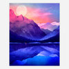 A colorful landscape art print shows layered purple and blue mountains, a large pale sun or moon, and a small tent beside a reflective lake.