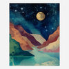 A colorful art print of a stylized canyon landscape with layered abstract rock formations, a star-filled night sky, and a moon.