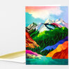 A folded greeting card with a colorful stylized mountain landscape illustration on the front and a blank white interior edge visible.