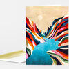 A folded greeting card featuring an abstract illustration of a blue river winding between multicolored striped canyon walls and a pale sun or moon.