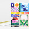 A folded greeting card with a colorful spring-themed collage illustration featuring the moon, sun, birds, flowers, a house, clouds, and clover-like leaves.