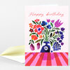 A folded greeting card with the words "Happy birthday" in red script above a colorful bouquet illustration in a blue vase with a pink and red striped border at the bottom.