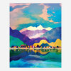 A colorful art print shows a small house beside a lake with multicolored trees, layered mountains, and a reflective water scene in bright blue, purple, pink, and yellow tones.