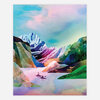 A colorful art print shows two small kayak paddlers on a calm river between layered abstract mountains in pastel and vivid tones.