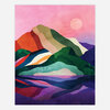 A colorful abstract landscape print shows layered, rainbow-like mountains under a pink sky with a pale sun and a mirrored reflection below.