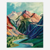 A colorful abstract landscape print shows layered mountains, a winding river, and scattered evergreen trees in geometric shapes.