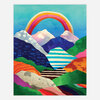 A colorful art print showing layered mountain shapes in many bright patterns and a large rainbow arching over the center.