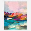 A vertical abstract art print with pastel pink and blue sky-like shapes above a band of multicolored rainbow-like layered forms over a teal and blue watery area.