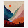 A colorful landscape art print with layered abstract mountains, an orange-red sun, a blue valley, and dark pine trees along the bottom.