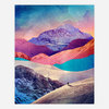 A colorful art print depicting layered snowy mountains and a small skier on a bright ridge.