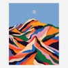 A vertical art print showing a stylized multicolored mountain range beneath a pale circular moon in a blue sky.