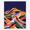 An abstract print of layered, multicolored mountain-like forms on a dark navy background.