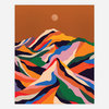 A colorful abstract print of layered mountain shapes in multicolored bands beneath a small circular sun, with no visible text.
