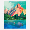 A colorful abstract landscape print showing layered mountains, pine trees, and a lake reflection in bright turquoise, green, pink, orange, and blue shapes.