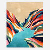 An art print showing a turquoise river winding through a canyon of layered, multicolored striped cliffs beneath a pale sun, with no visible text.