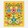 A colorful floral print with symmetrical green vine scrolls, pink, blue, orange, and white flowers, and a small black heart at the center on a yellow background.