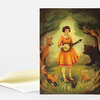 A folded greeting card shows an illustration of a girl in an orange dress holding a banjo while surrounded by deer, a bear, foxes, a rabbit, an owl, and a squirrel.