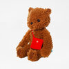 A brown plush teddy bear with black button eyes and nose, seated with a bright red crossbody pouch hanging from its neck.