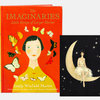 A hardcover book titled "The IMAGINARIES: Little Scraps of Larger Stories" by Emily Winfield Martin with a red-orange cover featuring an illustrated woman surrounded by butterflies, plus a small inset image of a woman in a white dress sitting on a crescent moon among stars.