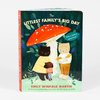 A board book titled "The Littlest Family's Big Day" by Emily Winfield Martin, with a cover illustration of three bear characters under a large red mushroom and a teal badge reading "With a foldout panorama!".