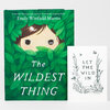 A hardcover book titled "The WILDEST THING" with a green leafy cover showing a child’s face peeking through foliage, plus a white insert with the text "LET THE WILD IN" and small line drawings of plants and insects.