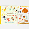 An open board book titled "Wonderful Seasons" by Emily Winfield Martin, showing illustrated children and seasonal objects on the cover and endpaper.