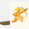 A folded greeting card with an illustrated cupid figure holding a bow and arrow, with the words "Be Mine" printed on the front.