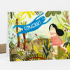 A greeting card featuring an illustrated scene of a blue figure with the word "CONGRATS" across its body reaching toward a woman in a pink dress among colorful plants and flowers.