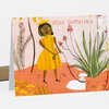 A folded greeting card with an illustrated girl in a yellow dress and bonnet, a small white dog, and the text "HELLO DUMPLING!" on the front.