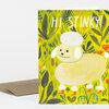 A folded greeting card with a colorful illustrated poodle and the text "HI STINKY!" on the front.
