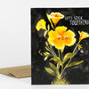 A folded greeting card with a black cover featuring yellow illustrated flowers with faces and the text "LET'S STICK TOGETHER!".
