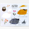 A paper doll set cover labeled "ESMÉ SHAPIRO RUTHIE PAPER DOLL SET," showing an owl, a white character with a red collar, a yellow hat and dress, a blue plaid pajama outfit, and small flower and mushroom illustrations.