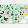 Two mint-green sticker sheets printed with assorted illustrated stickers, including the text "RUTHIE" and "ESME SHAPIRO STICKERS," along with flowers, leaves, mushrooms, a frog, birds, a fish, cake, and ghost-like characters.