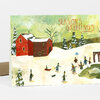 A folded greeting card printed with a winter scene of red barns, skiers, and people in the snow, with the text "SEASON'S GREETINGS" on the front.