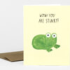 A folded pale yellow greeting card with the text "WOW! YOU ARE STINKY!" above a green cartoon frog illustration.