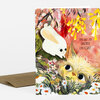 A folded greeting card with a colorful illustrated rabbit and lion in flowers and the text "YOU ARE MY FAVORITE CREATURE" on the front.