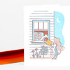 An illustrated folded greeting card shows two dogs stealing a yellow cake through an open window beside a house, with no visible text.