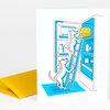 A folded greeting card with a line illustration of two dogs reaching into an open refrigerator to steal a yellow birthday cake from a shelf, shown with a yellow envelope.