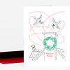 A folded holiday greeting card with line drawings of two flying swallows carrying greenery, a cat sitting on a roof, a wreath on a doorway, and the text "Warmest Wishes".