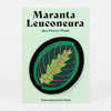 An embroidered oval felt patch shows a green maranta leaf with bright pink veins and the printed text "Maranta Leuconeura aka Prayer Plant" and "Embroidered Felt Patch".