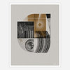 A graphic art print with an abstract geometric collage in beige, black, gray, and gold tones, signed "f. chimero" at the lower right.