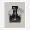A monochrome art print with layered geometric shapes, a moon at the top, a glowing sun near the bottom, and a small handwritten signature in the lower right corner.