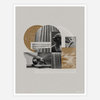A minimalist art print featuring a collage of overlapping circles and rectangles with black-and-white images, gold accents, sheet music, birds, and a small cursive signature in the lower right.