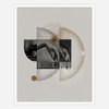 An abstract art print with overlapping gray, black, and tan geometric shapes, linework circles, small gold dots, and a central black-and-white image of a hand, with a small cursive signature at the lower right.