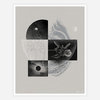 A monochrome abstract art print with a collage of black and gray geometric and organic shapes, including a line-drawn hand, a flower, and a small circular eclipse-like image, with a cursive signature in the lower right.