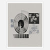 A monochrome abstract print with layered oval shapes, a small profile portrait in the center, flower images on the right, a cloud fragment on the left, and a cursive artist signature in the lower right.